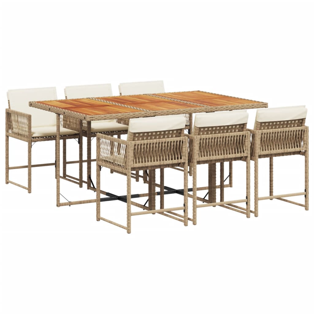 7 Piece Garden Dining Set with Cushions Beige Poly Rattan