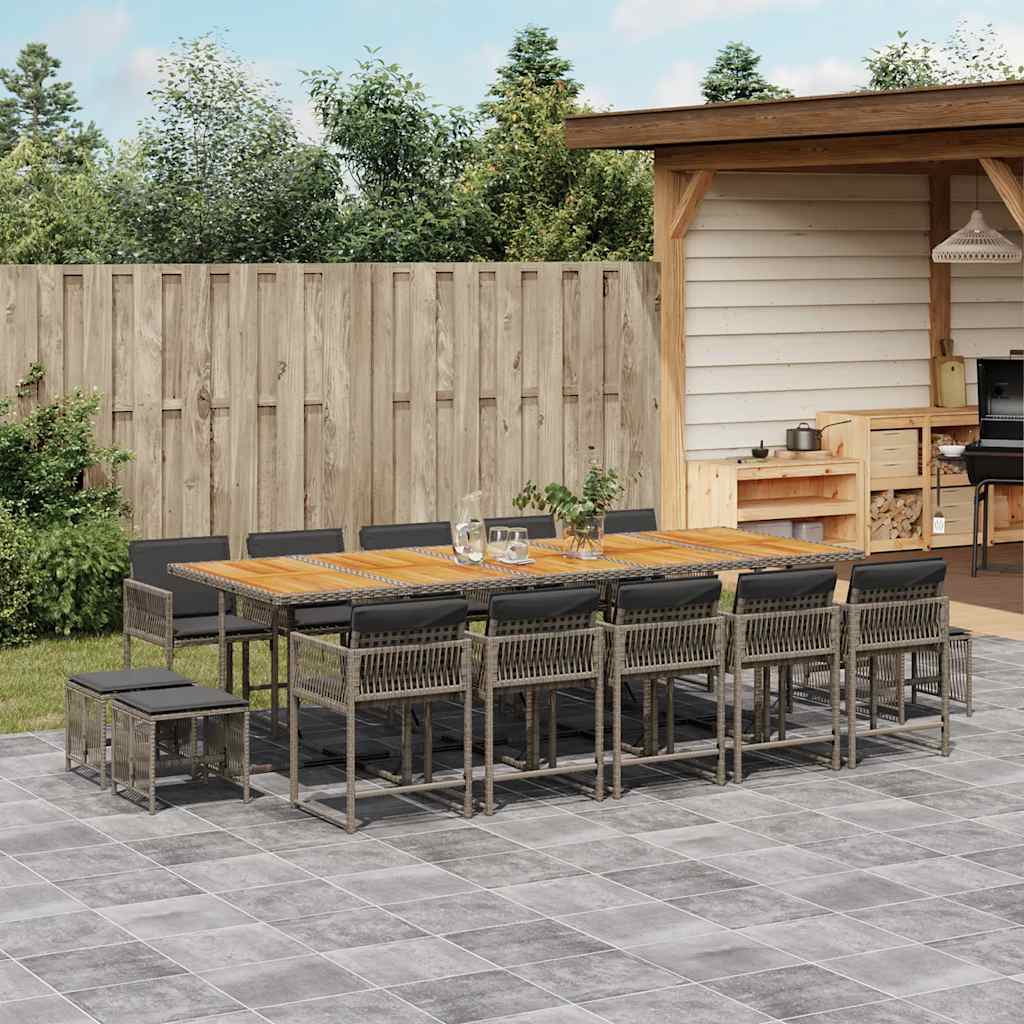 15 Piece Garden Dining Set with Cushions Grey Poly Rattan