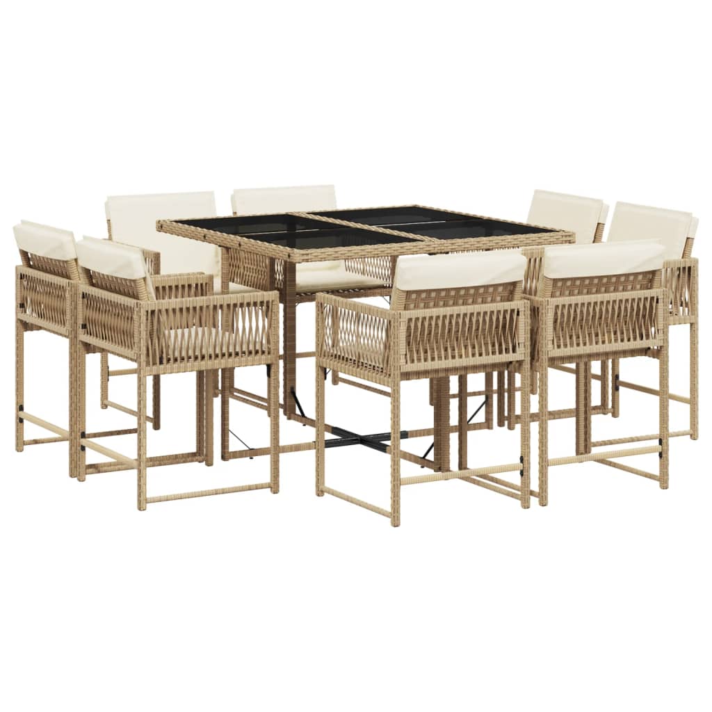 9 Piece Garden Dining Set with Cushions Beige Poly Rattan