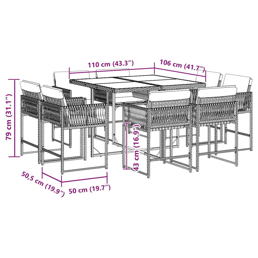 9 Piece Garden Dining Set with Cushions Black Poly Rattan