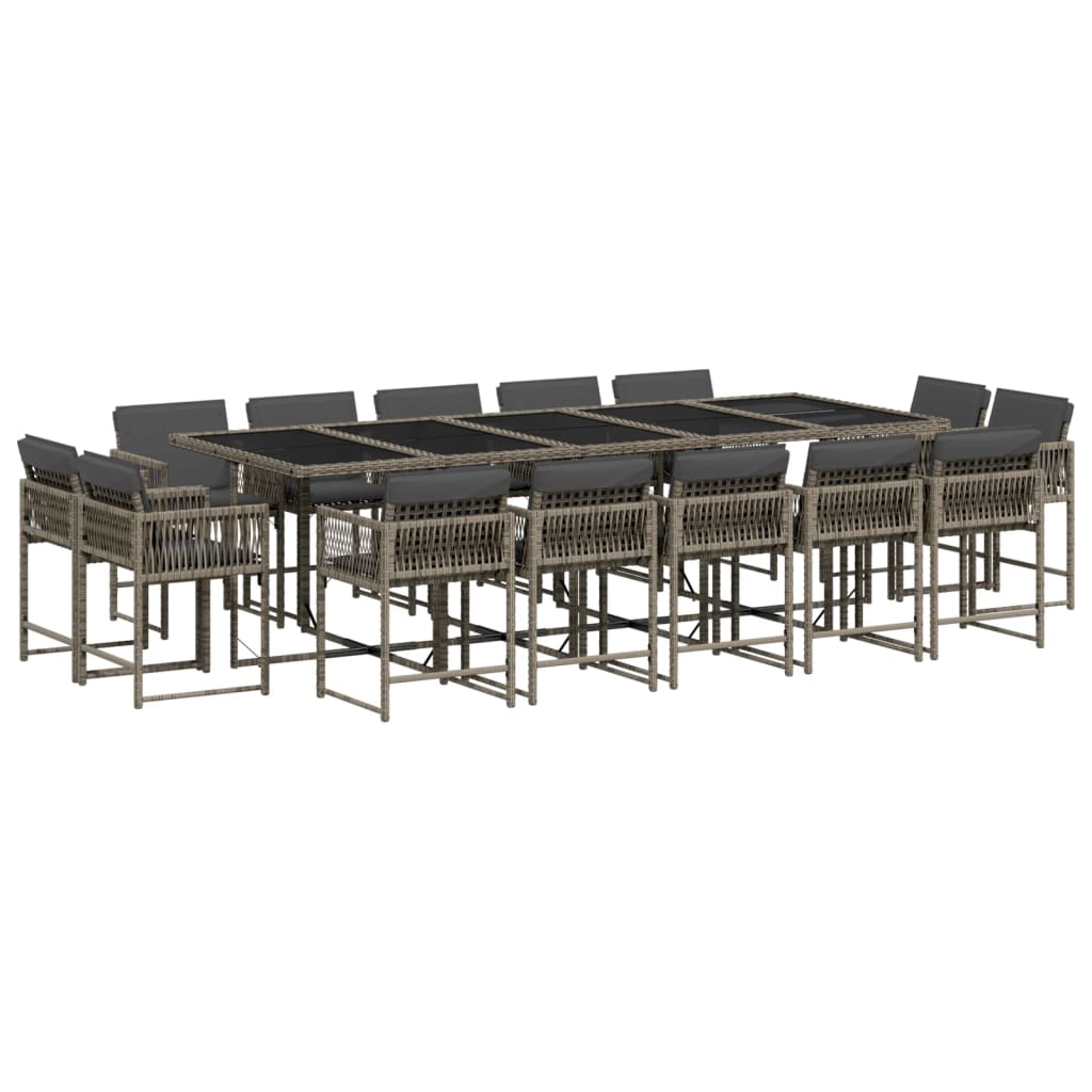 15 Piece Garden Dining Set with Cushions Grey Poly Rattan