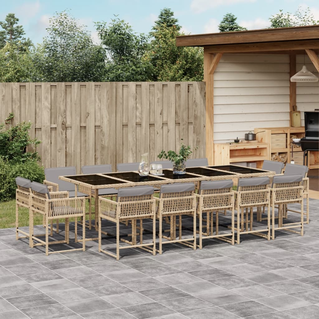 15 Piece Garden Dining Set with Cushions Mix Beige Poly Rattan