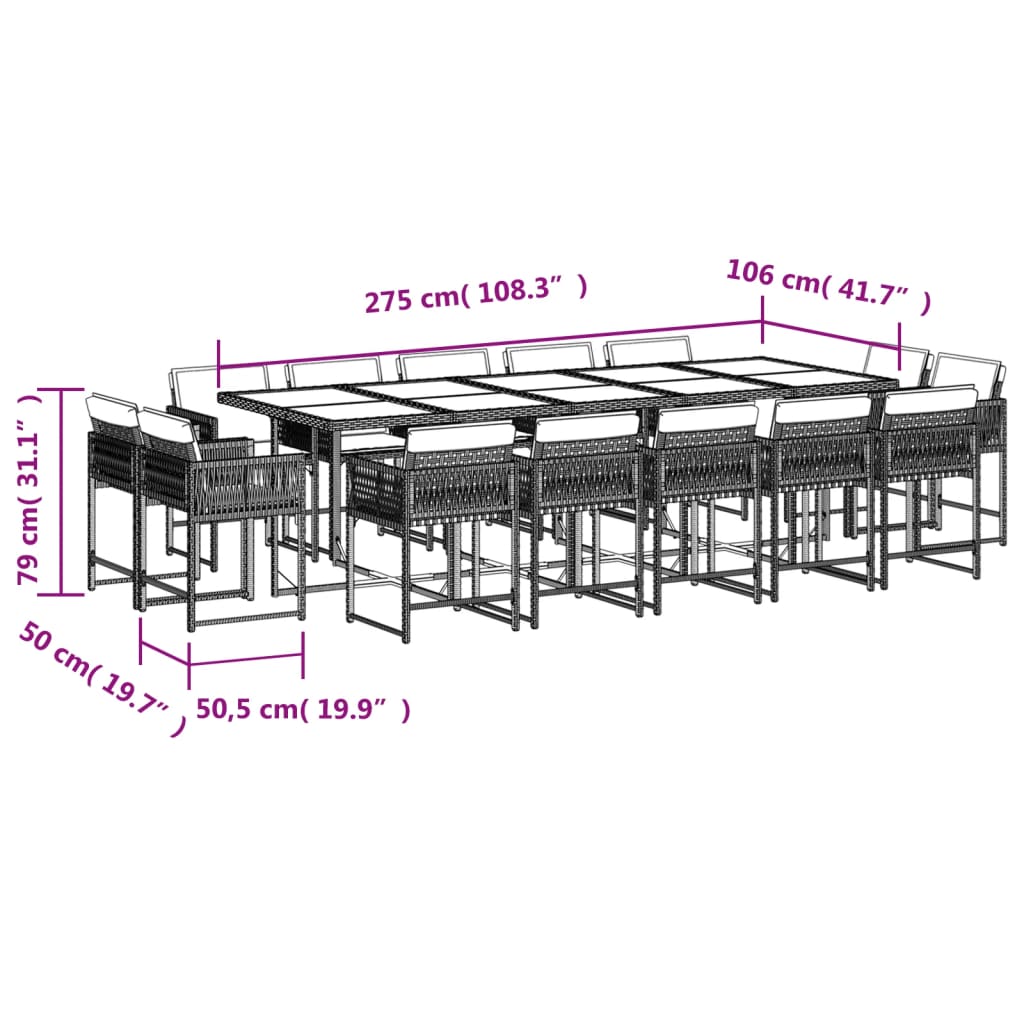 15 Piece Garden Dining Set with Cushions Grey Poly Rattan