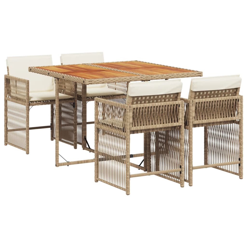 5 Piece Garden Dining Set with Cushions Beige Poly Rattan