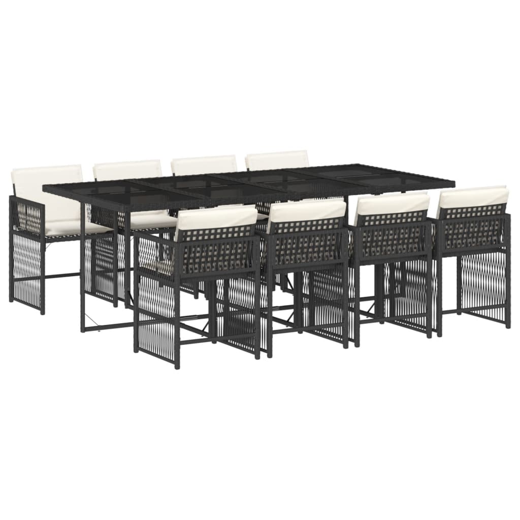 9 Piece Garden Dining Set with Cushions Black Poly Rattan