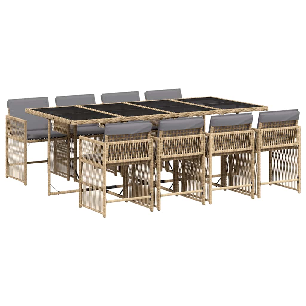 9 Piece Garden Dining Set with Cushions Mix Beige Poly Rattan
