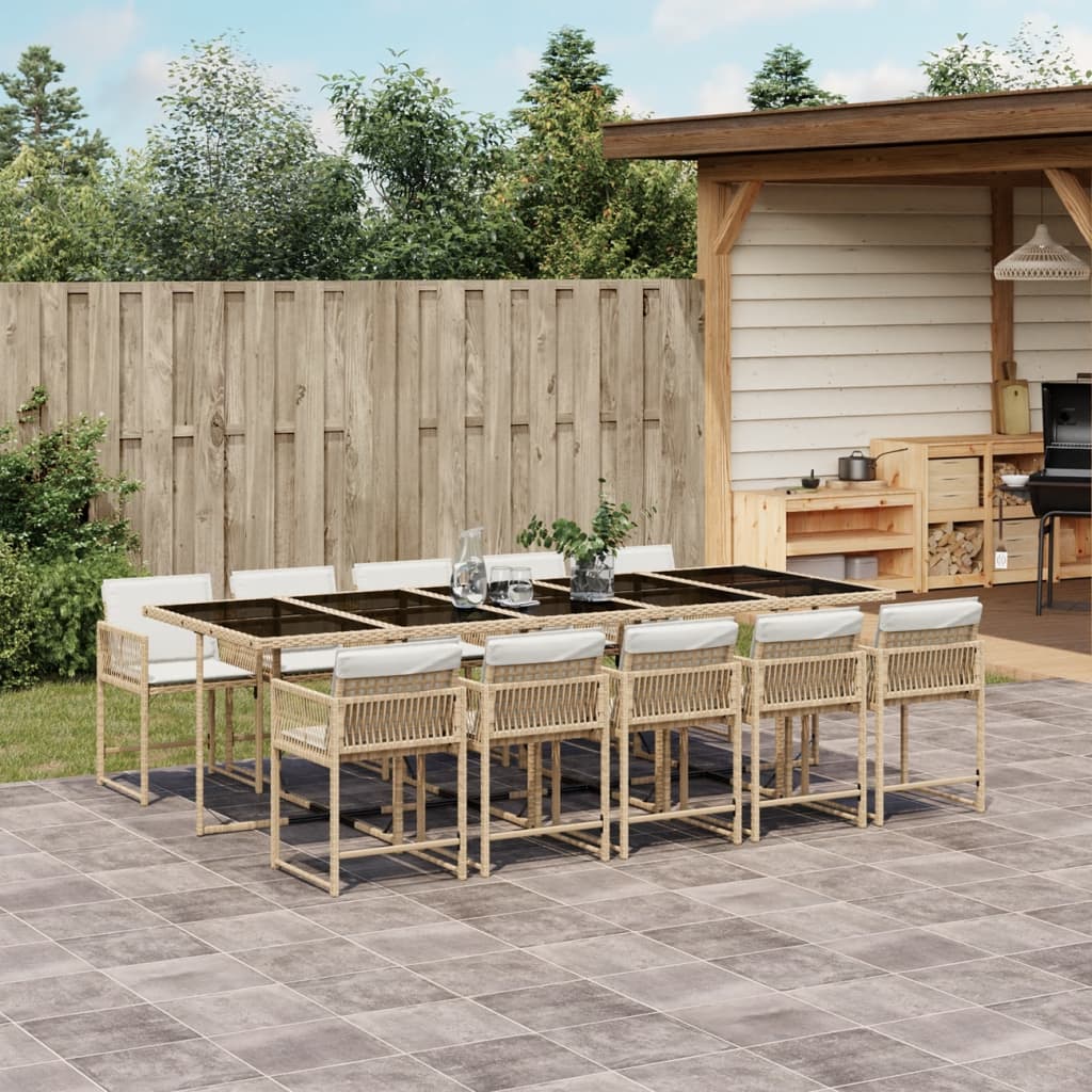 11 Piece Garden Dining Set with Cushions Beige Poly Rattan
