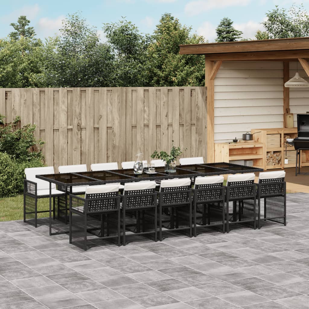 13 Piece Garden Dining Set with Cushions Black Poly Rattan