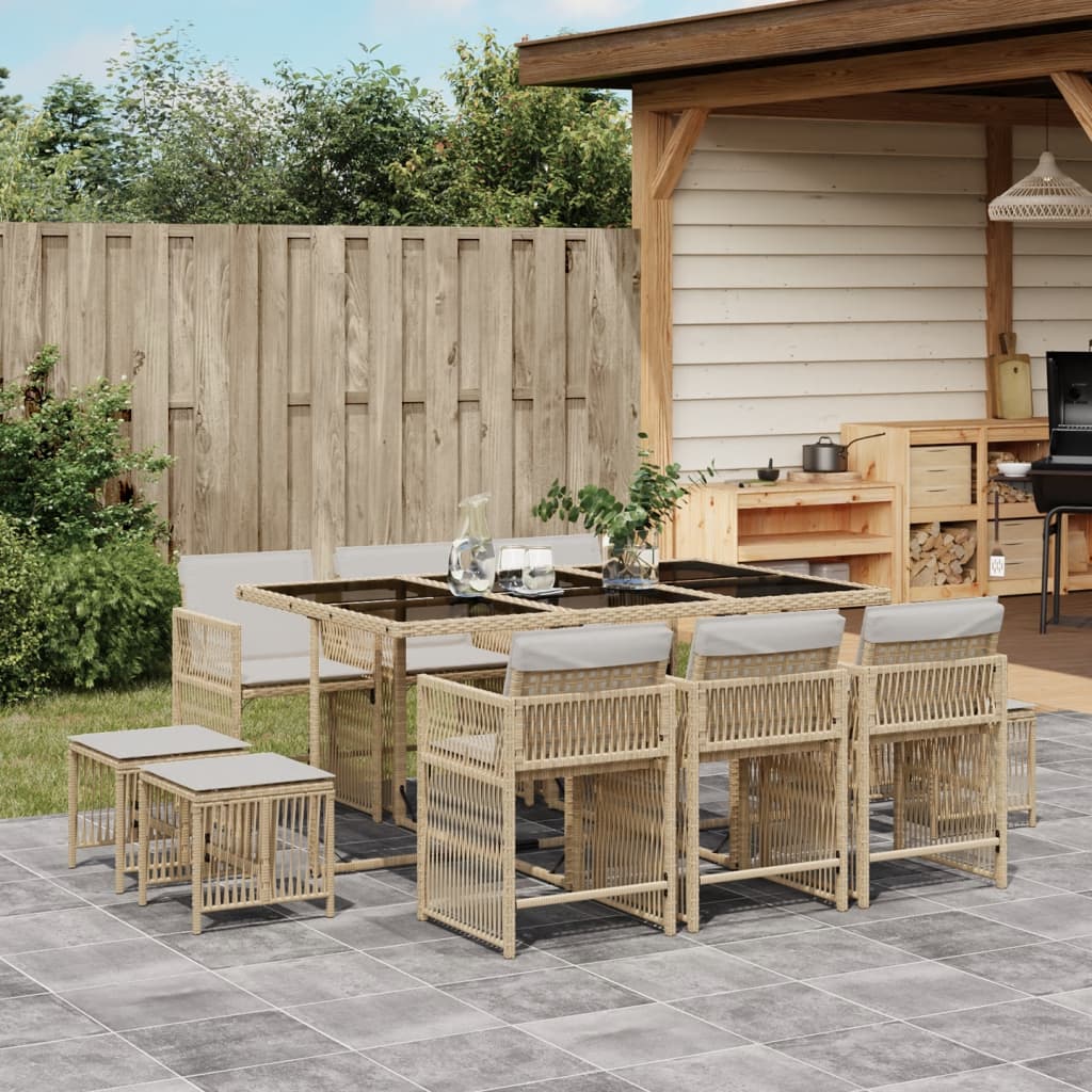 11 Piece Garden Dining Set with Cushions Beige Poly Rattan