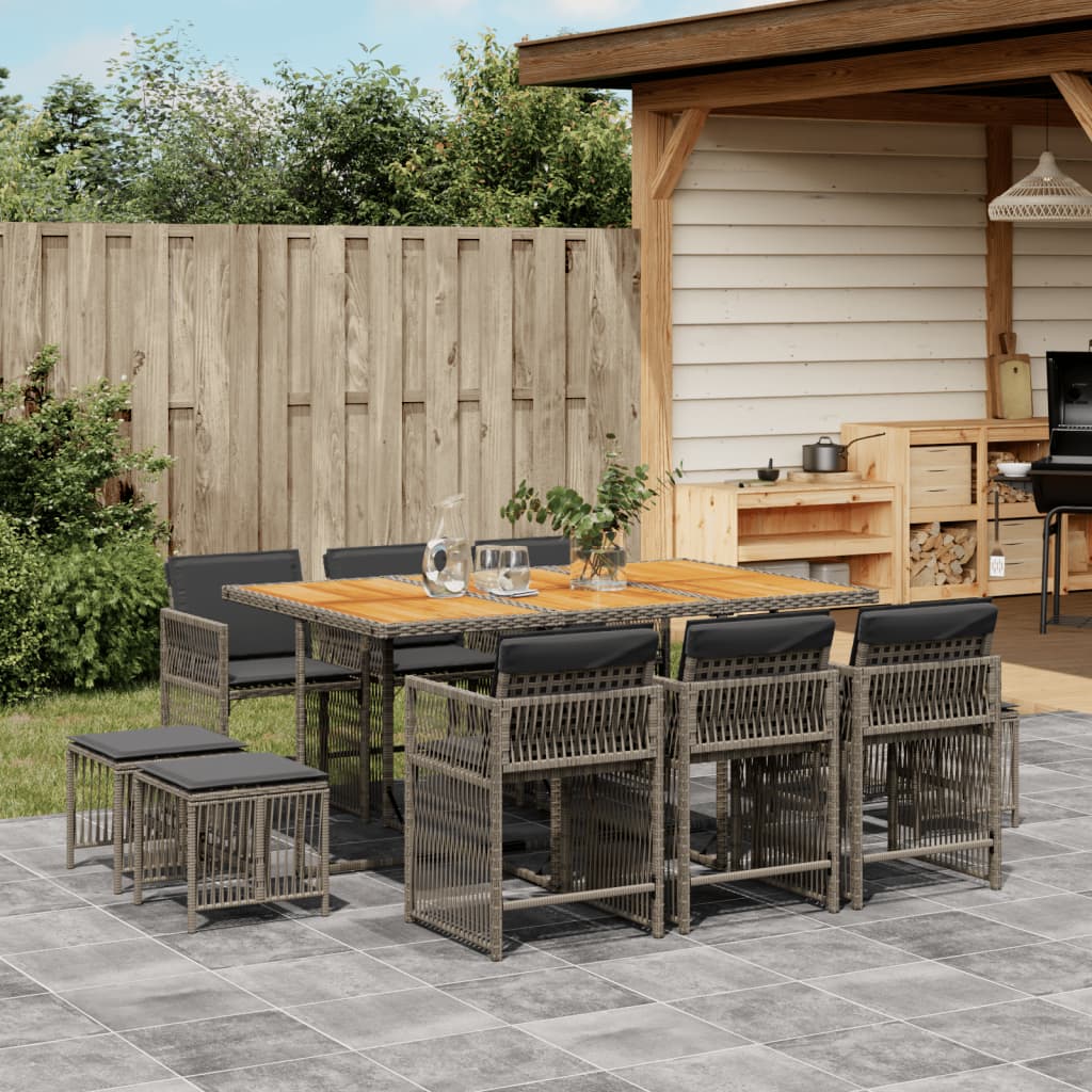 11 Piece Garden Dining Set with Cushions Grey Poly Rattan