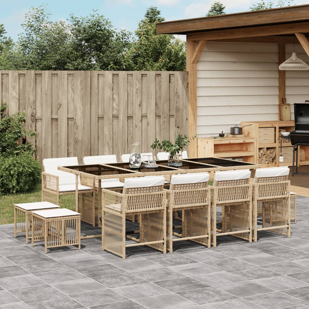 13 Piece Garden Dining Set with Cushions Beige Poly Rattan