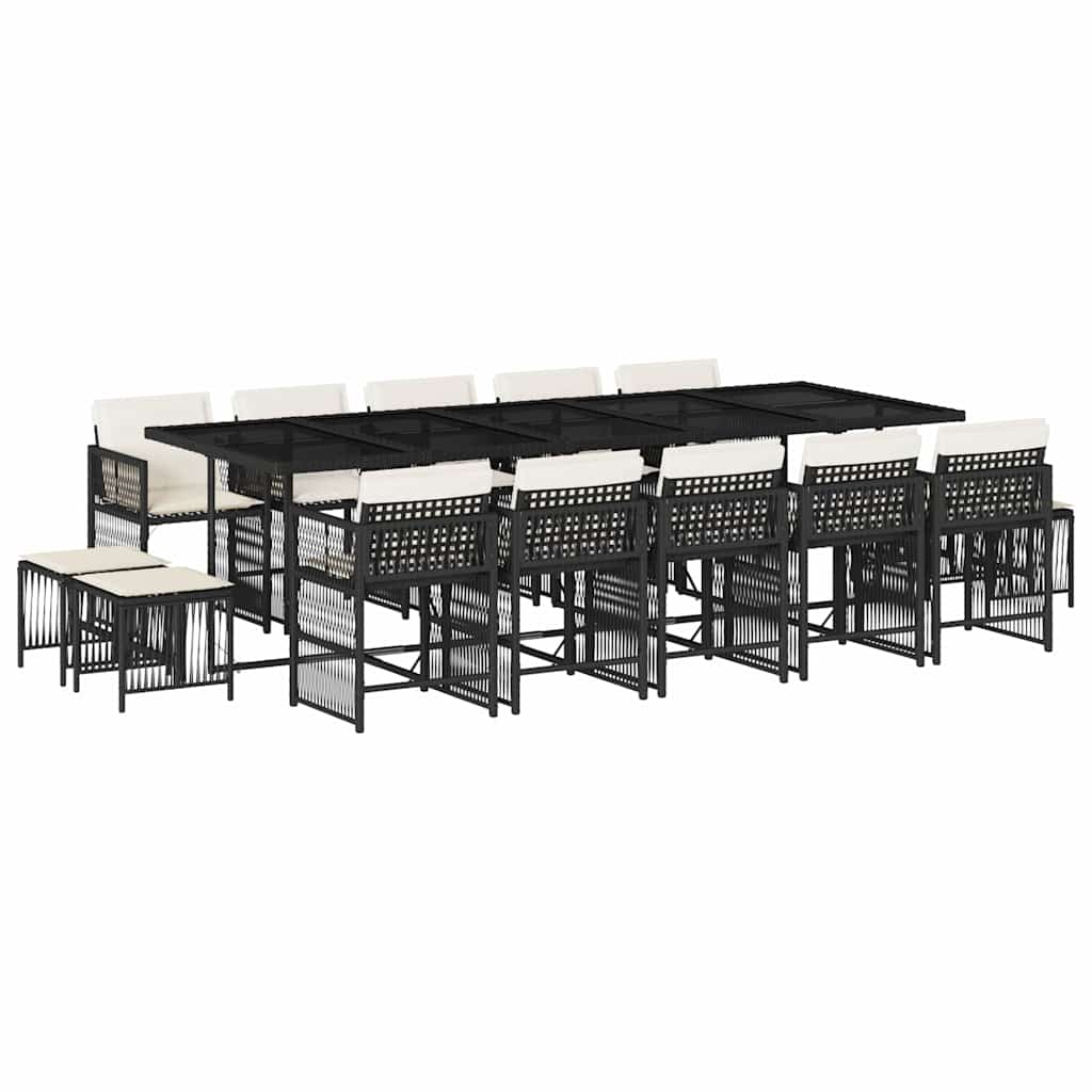 15 Piece Garden Dining Set with Cushions Black Poly Rattan