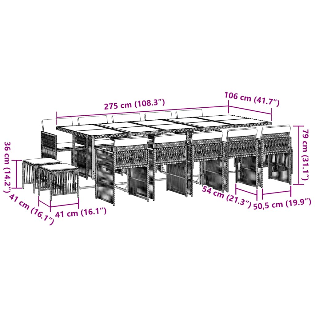 15 Piece Garden Dining Set with Cushions Black Poly Rattan