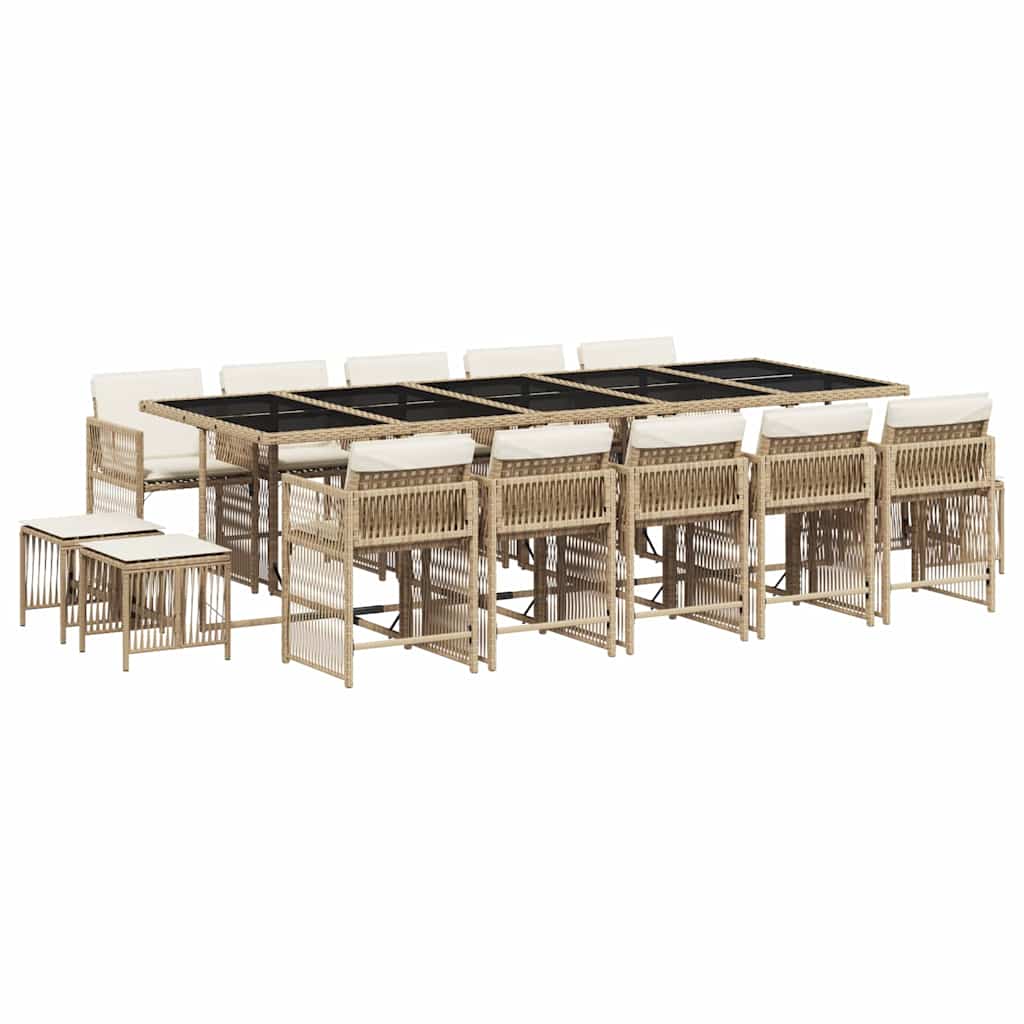 15 Piece Garden Dining Set with Cushions Beige Poly Rattan