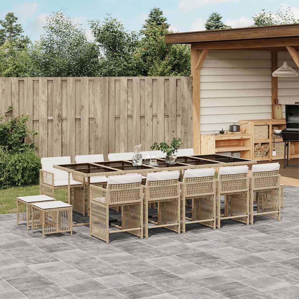 15 Piece Garden Dining Set with Cushions Beige Poly Rattan