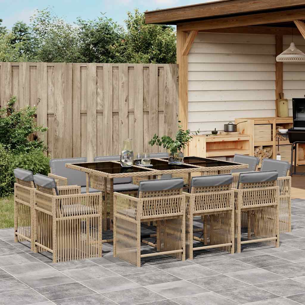 11 Piece Garden Dining Set with Cushions Mix Beige Poly Rattan