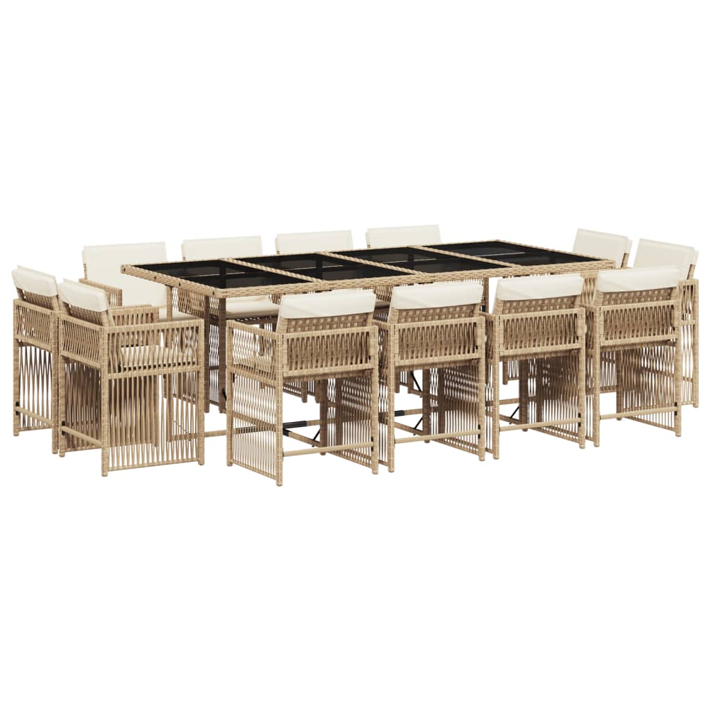 13 Piece Garden Dining Set with Cushions Beige Poly Rattan