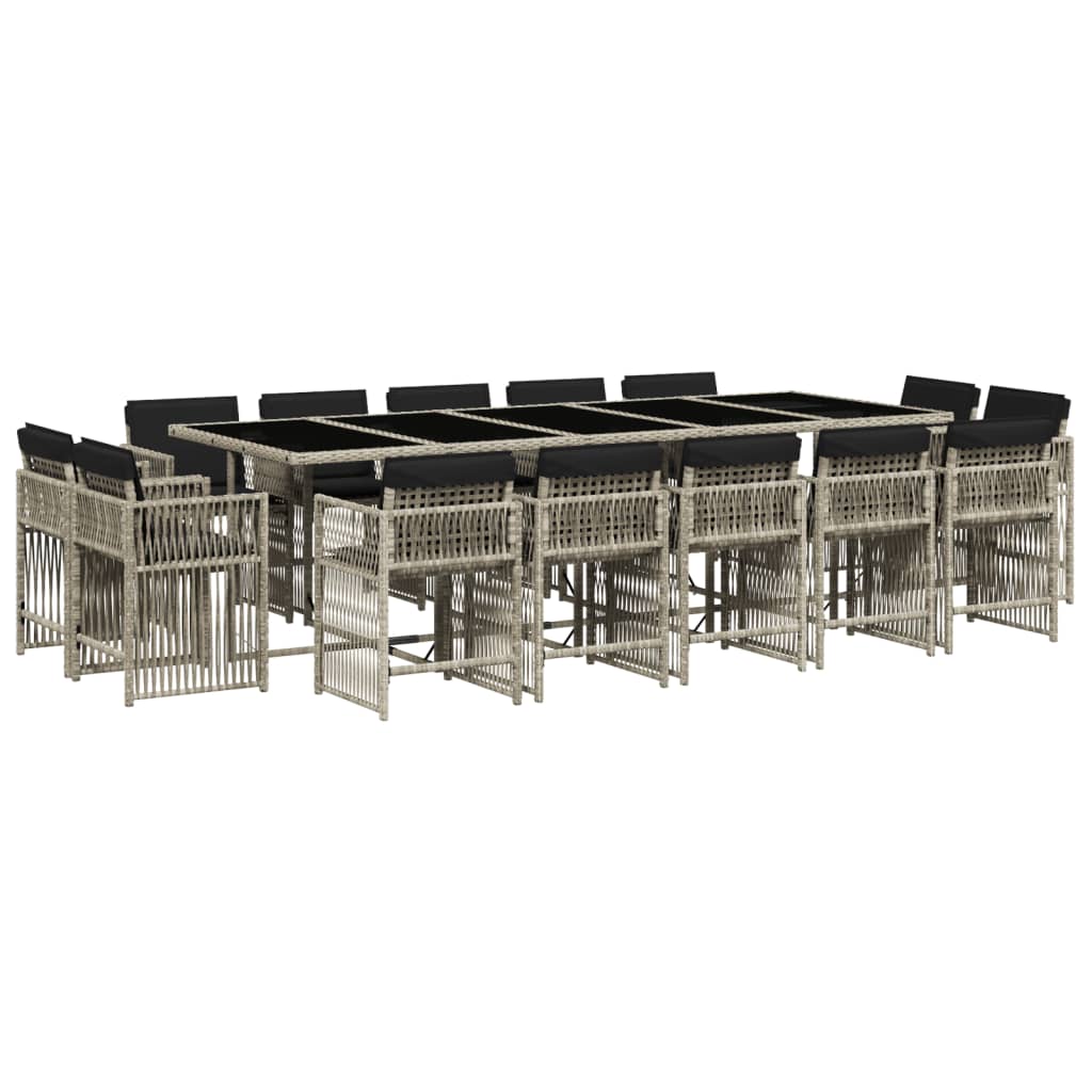 15 Piece Garden Dining Set with Cushions Light Grey Poly Rattan