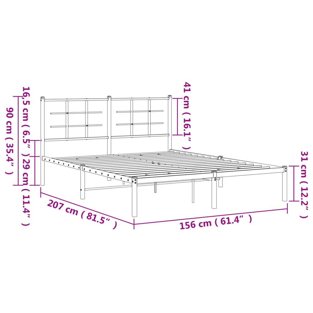 Metal Bed Frame without Mattress with Headboard Black 150x200 cm
