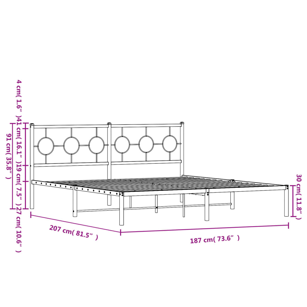 Metal Bed Frame without Mattress with Headboard Black 183x203 cm King