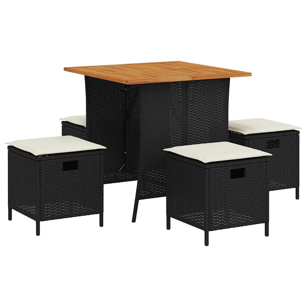 5 Piece Garden Dining Set with Cushions Black Poly Rattan