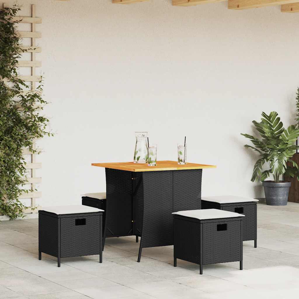 5 Piece Garden Dining Set with Cushions Black Poly Rattan