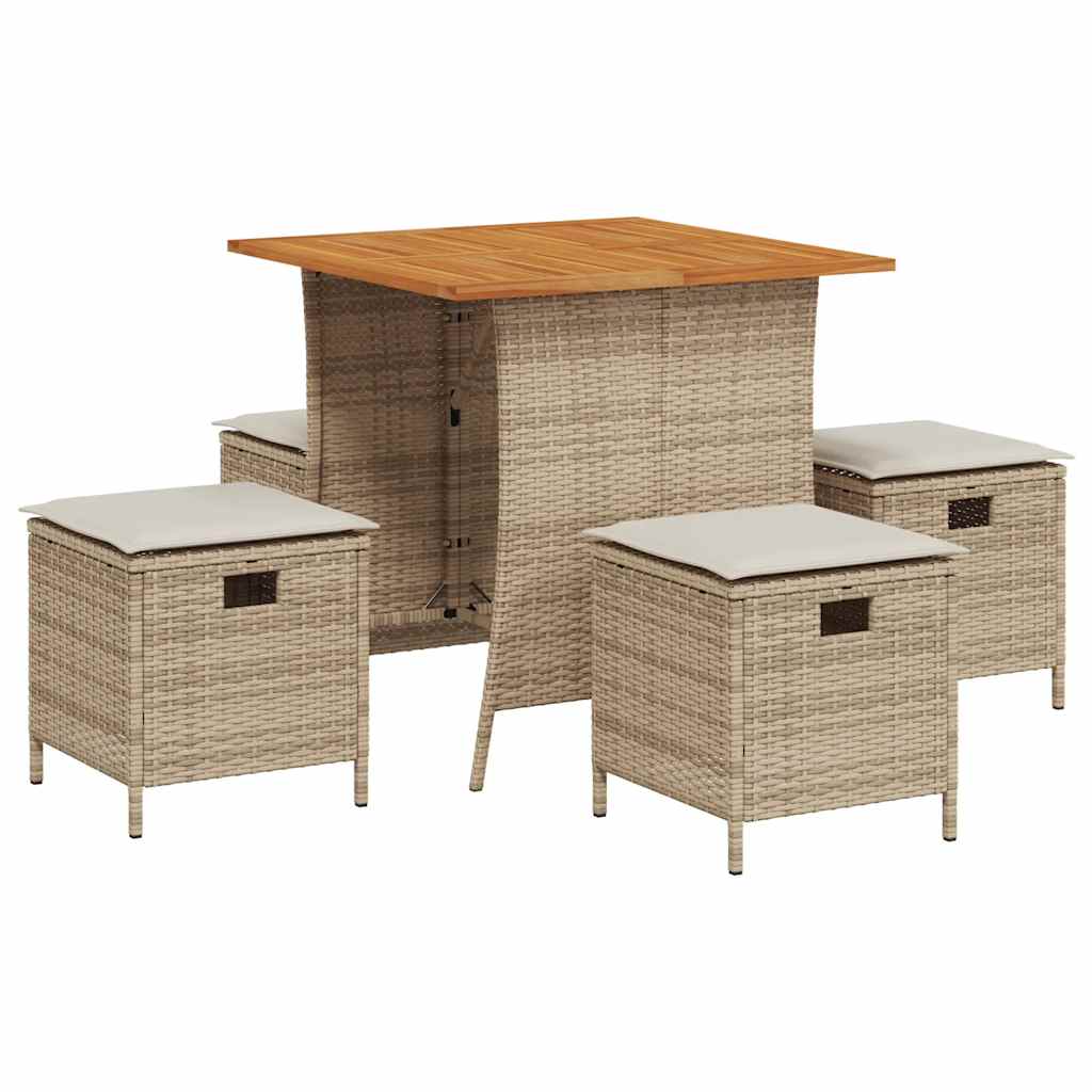 5 Piece Garden Dining Set with Cushions Beige Poly Rattan