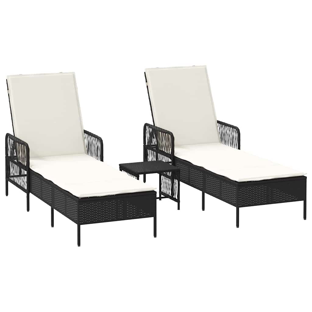 Sun Lounger 3 pcs Poly Rattan Black and Cream White