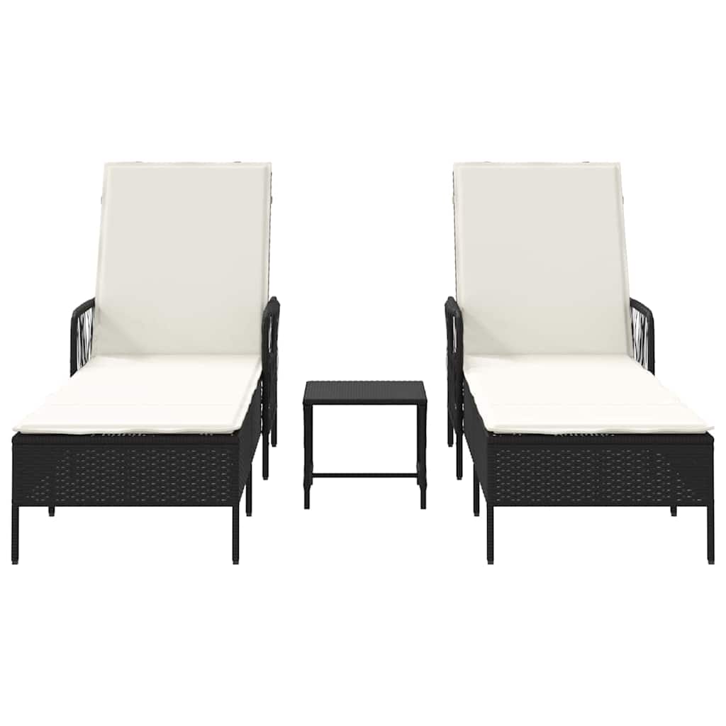 Sun Lounger 3 pcs Poly Rattan Black and Cream White
