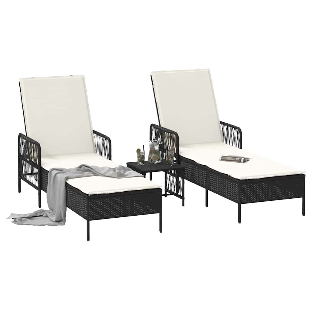 Sun Lounger 3 pcs Poly Rattan Black and Cream White