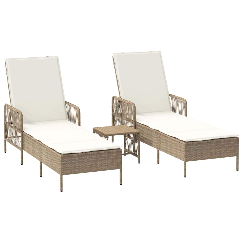 Sun Lounger 3 pcs Poly Rattan Beige and Cream White