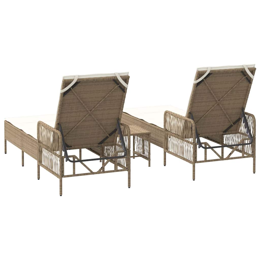 Sun Lounger 3 pcs Poly Rattan Beige and Cream White