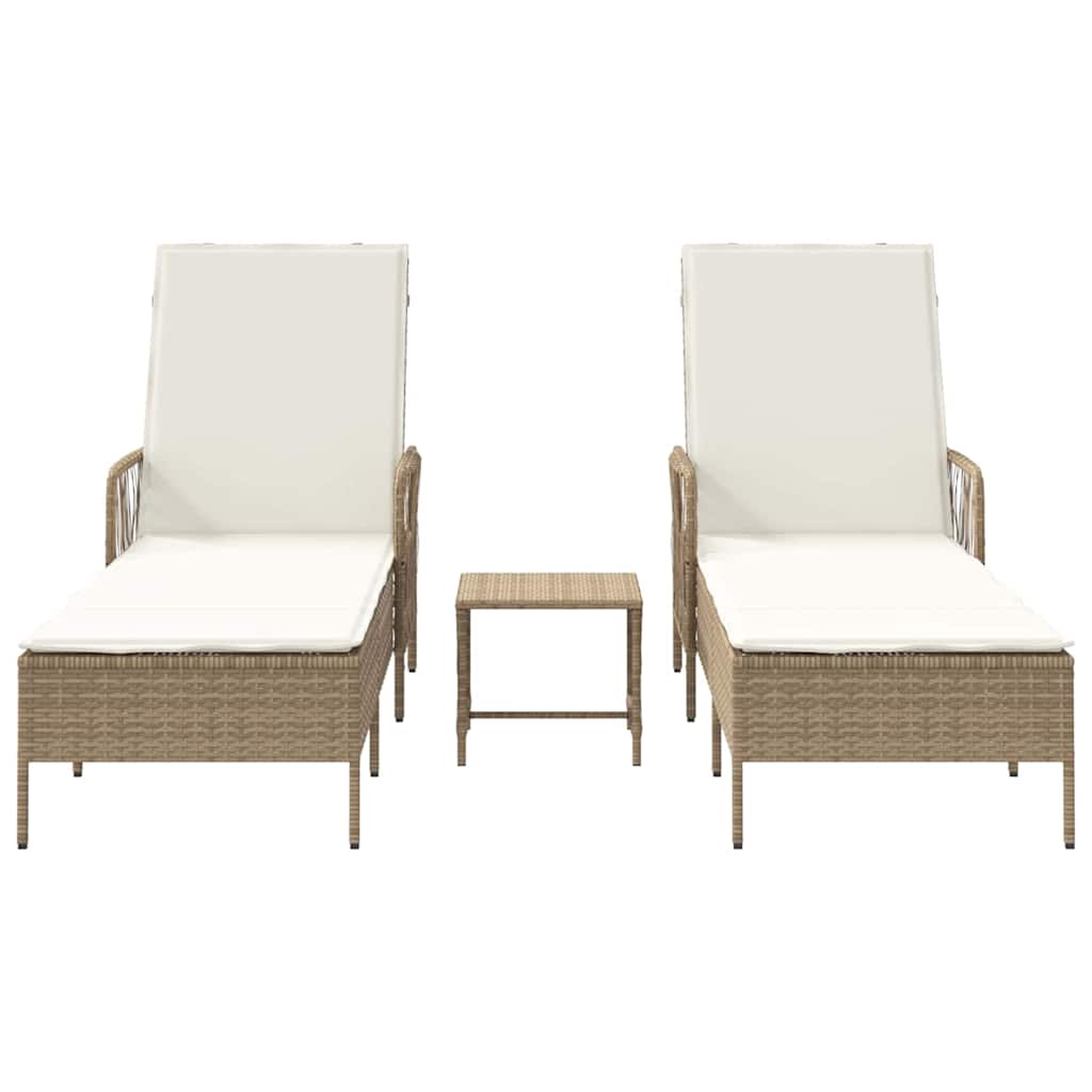 Sun Lounger 3 pcs Poly Rattan Beige and Cream White