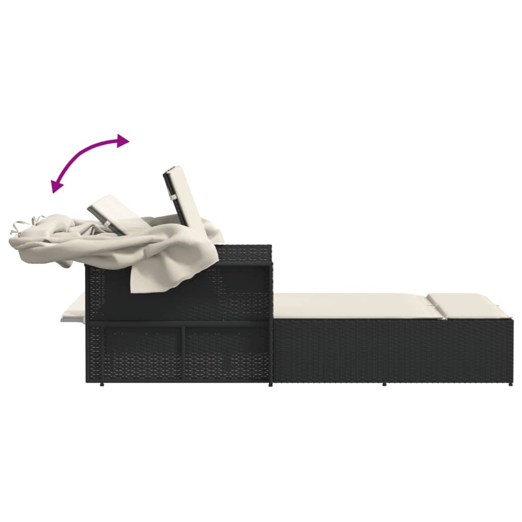 Double Sun Lounger with Canopy and Cushions Black Poly Rattan