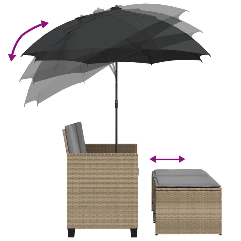 Garden Sofa 2-Seater with Parasol and Stools Beige Poly Rattan