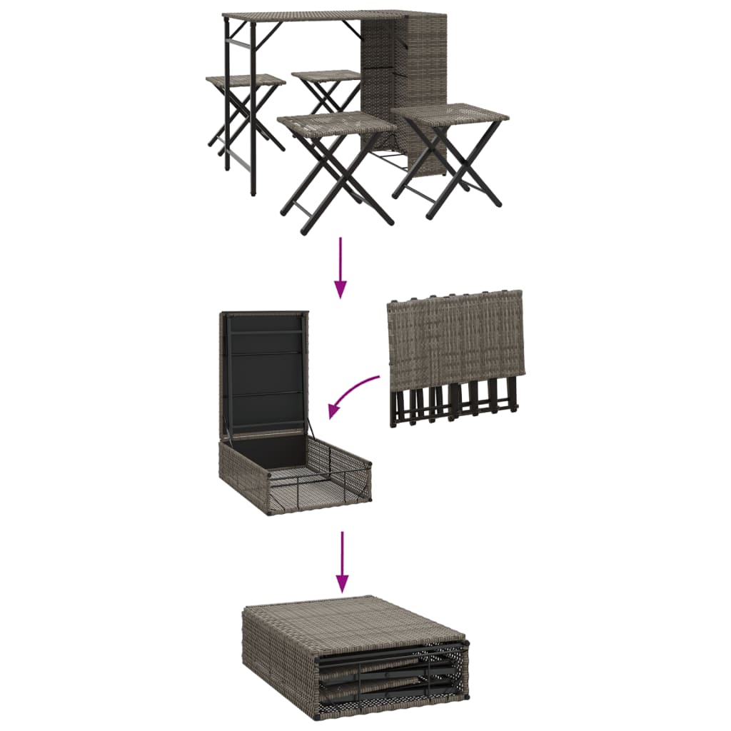 5 Piece Garden Camping Set Foldable Grey Poly Rattan