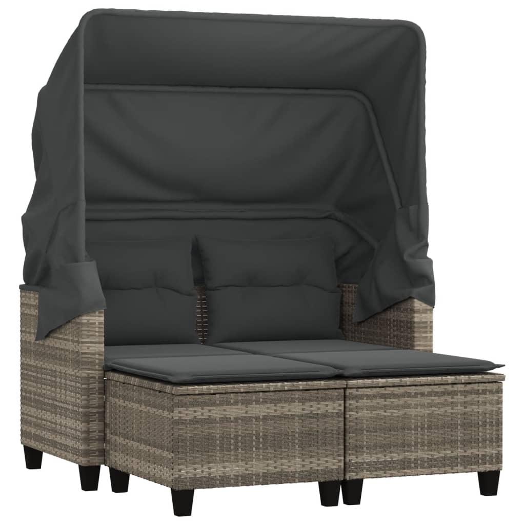 Garden Sofa 2-Seater with Canopy and Stools Light Grey Poly Rattan