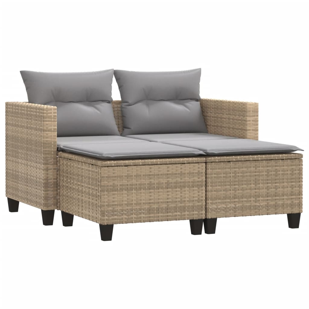 Garden Sofa 2-Seater with Stools Beige Poly Rattan