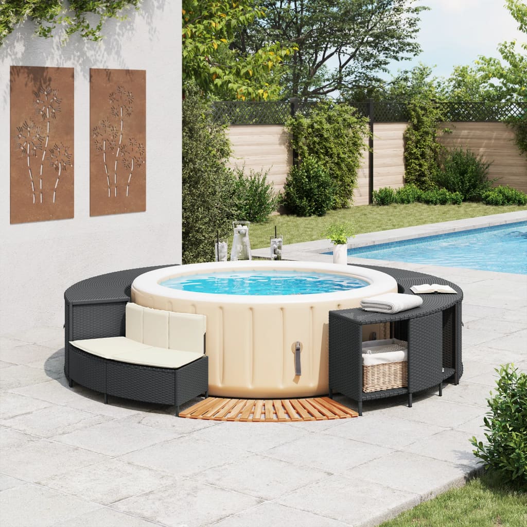 Hot Tub Surround Black Poly Rattan and Solid Wood Acacia