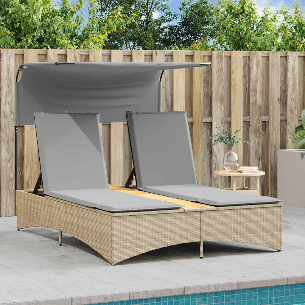 Double Sun Lounger with Canopy&Cushions Mix Beige Poly Rattan
