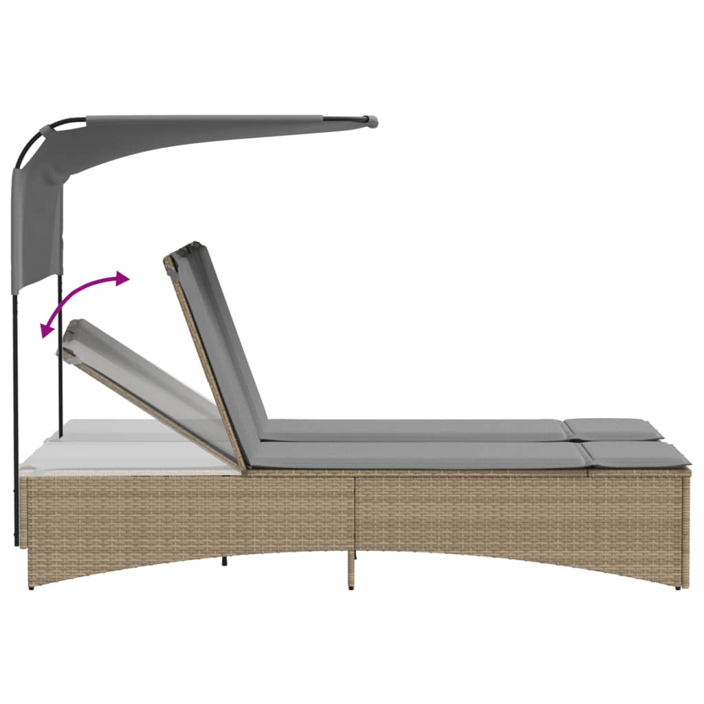Double Sun Lounger with Canopy&Cushions Mix Beige Poly Rattan