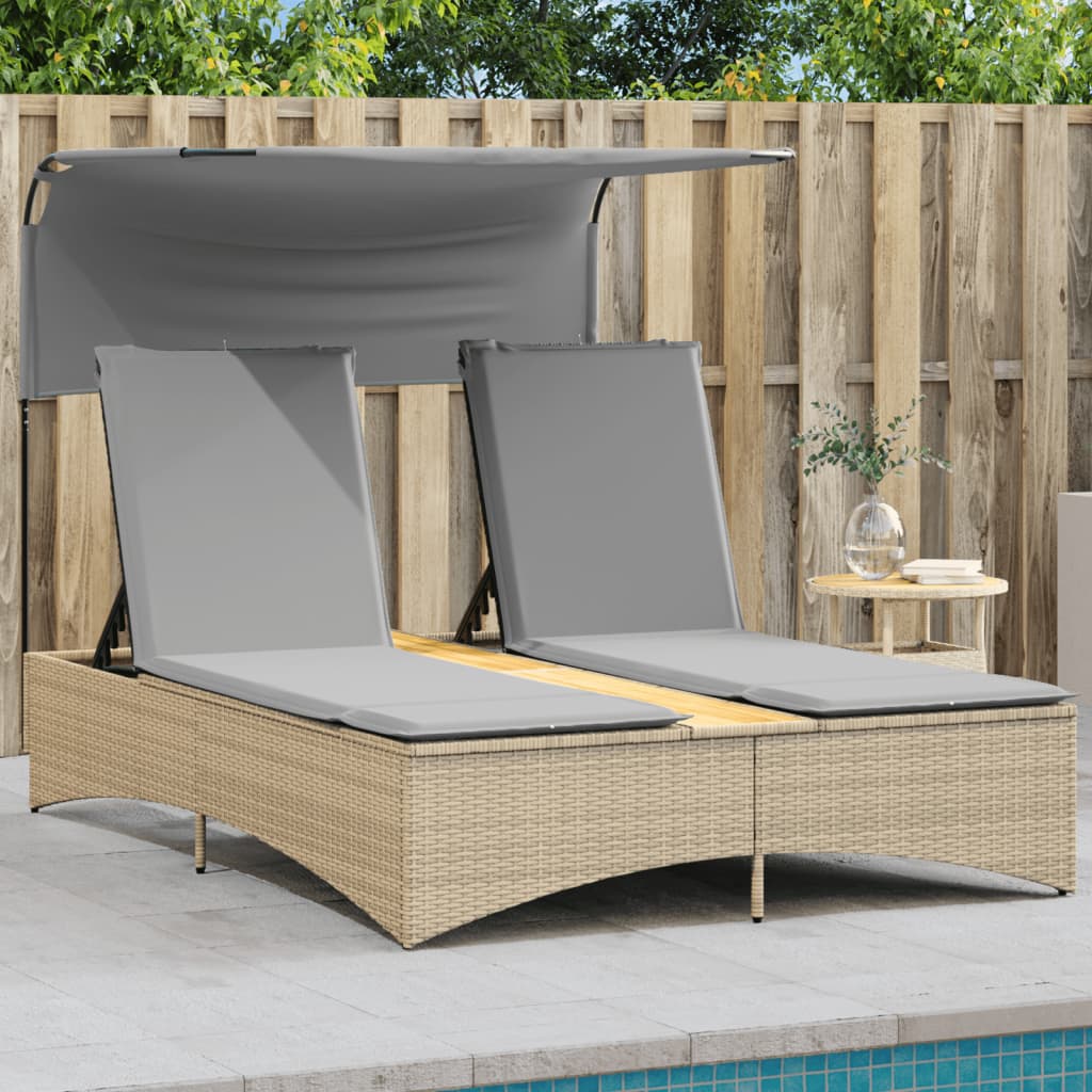 Double Sun Lounger with Canopy&Cushions Mix Beige Poly Rattan