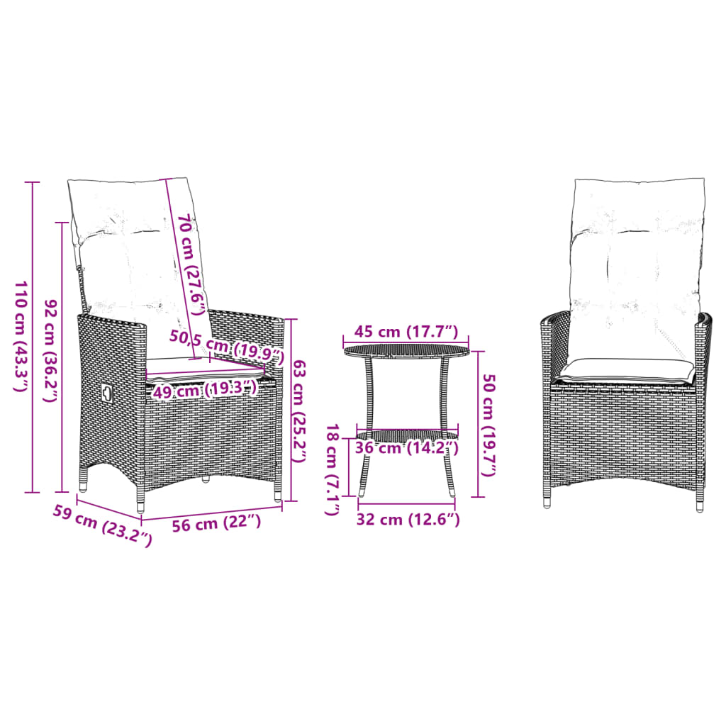 3 Piece Bistro Set with Cushions Black Poly Rattan