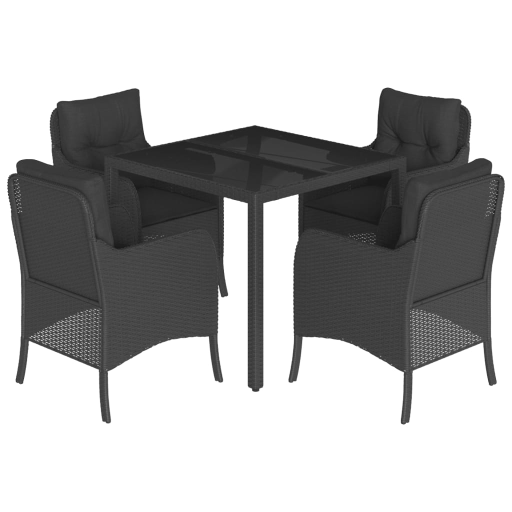 5 Piece Garden Dining Set with Cushions Black Poly Rattan