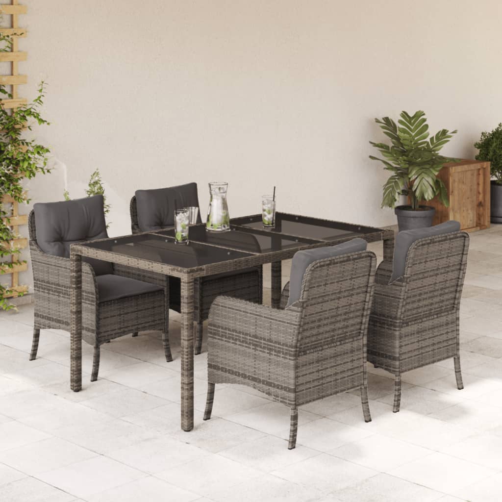5 Piece Garden Dining Set with Cushions Grey Poly Rattan