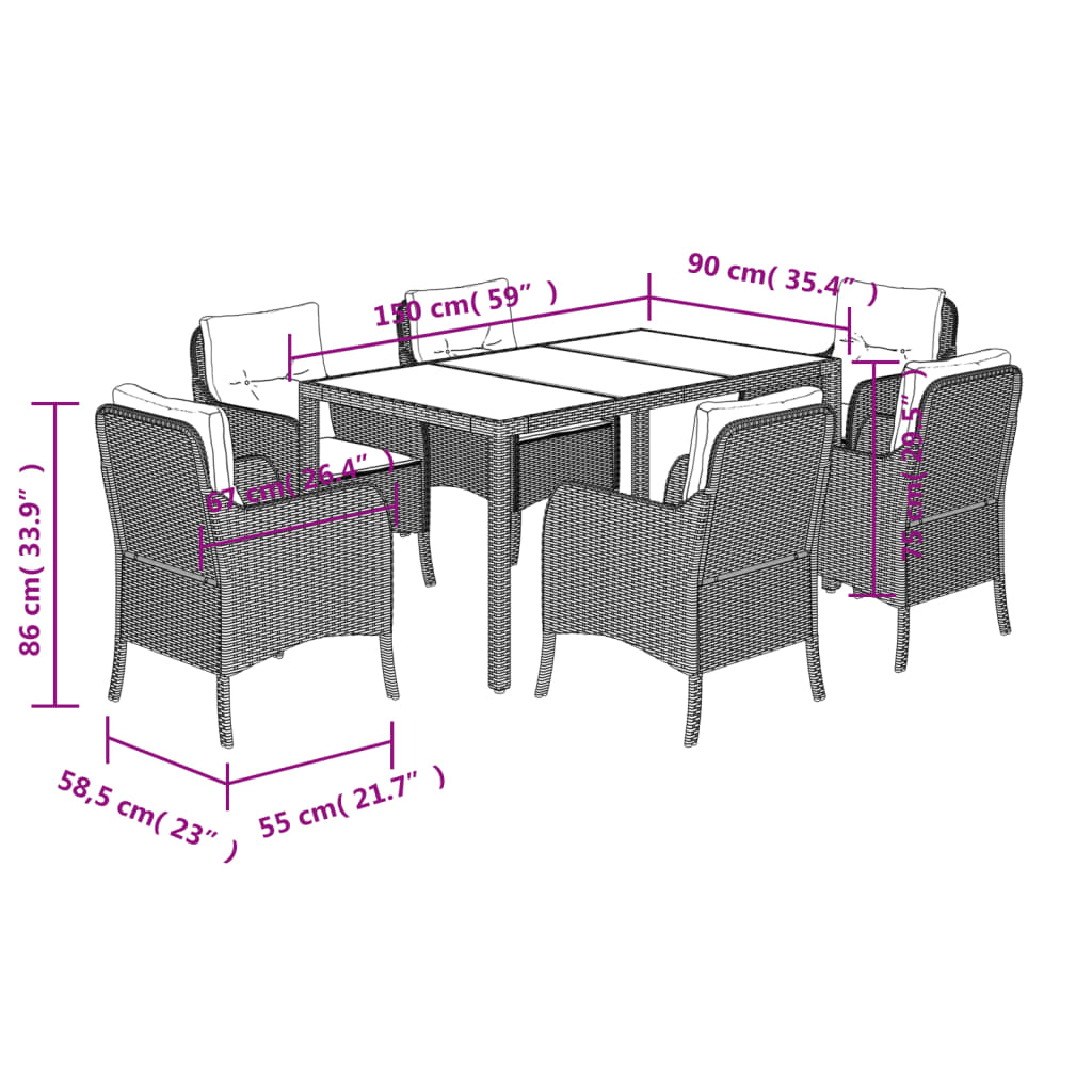 7 Piece Garden Dining Set with Cushions Grey Poly Rattan