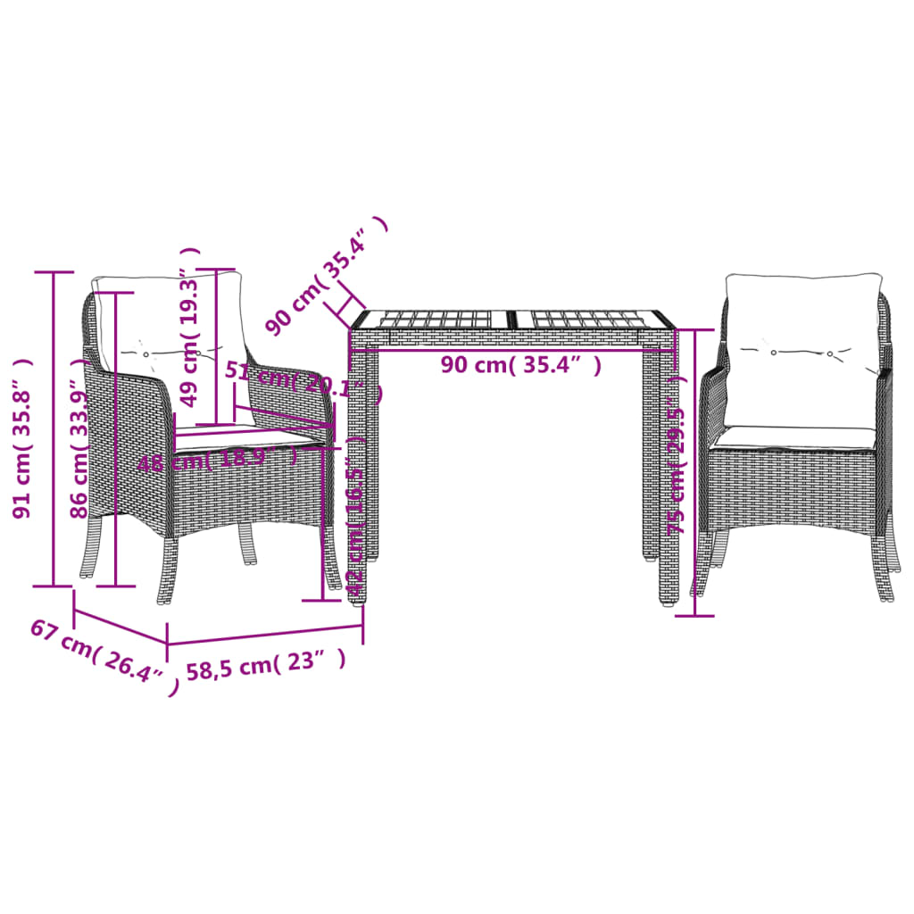 3 Piece Garden Dining Set with Cushions Black Poly Rattan