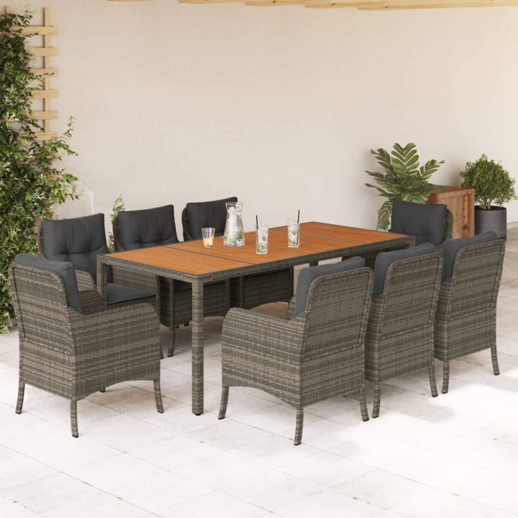 9 Piece Garden Dining Set with Cushions Grey Poly Rattan
