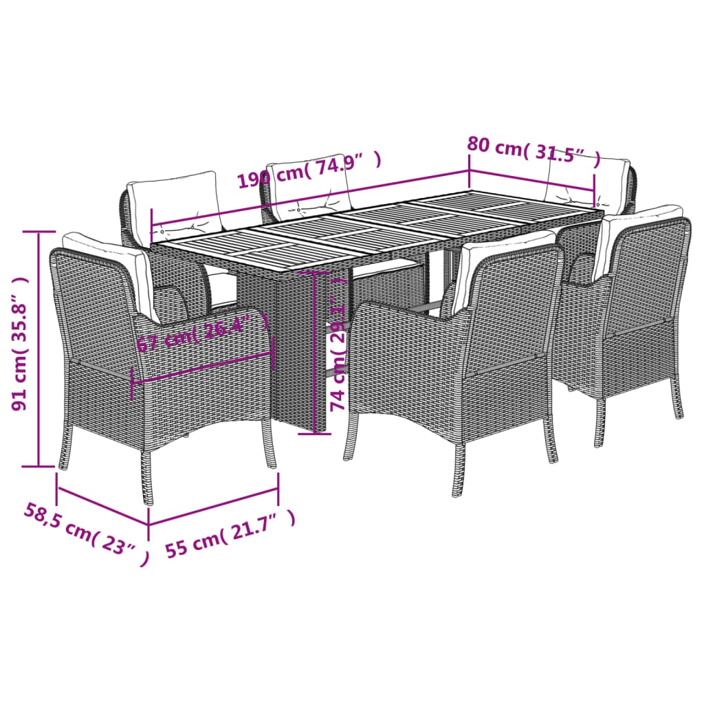 7 Piece Garden Dining Set with Cushions Black Poly Rattan