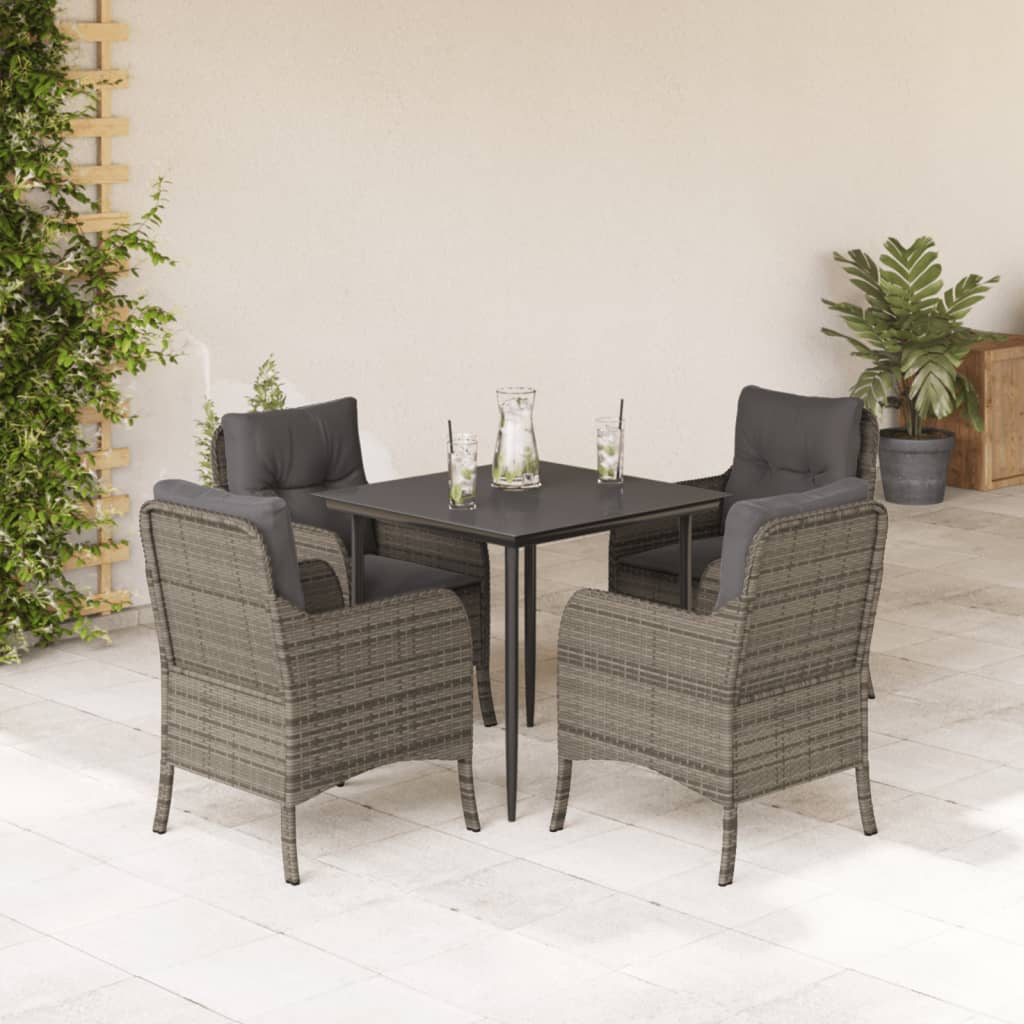 5 Piece Garden Dining Set with Cushions Grey Poly Rattan